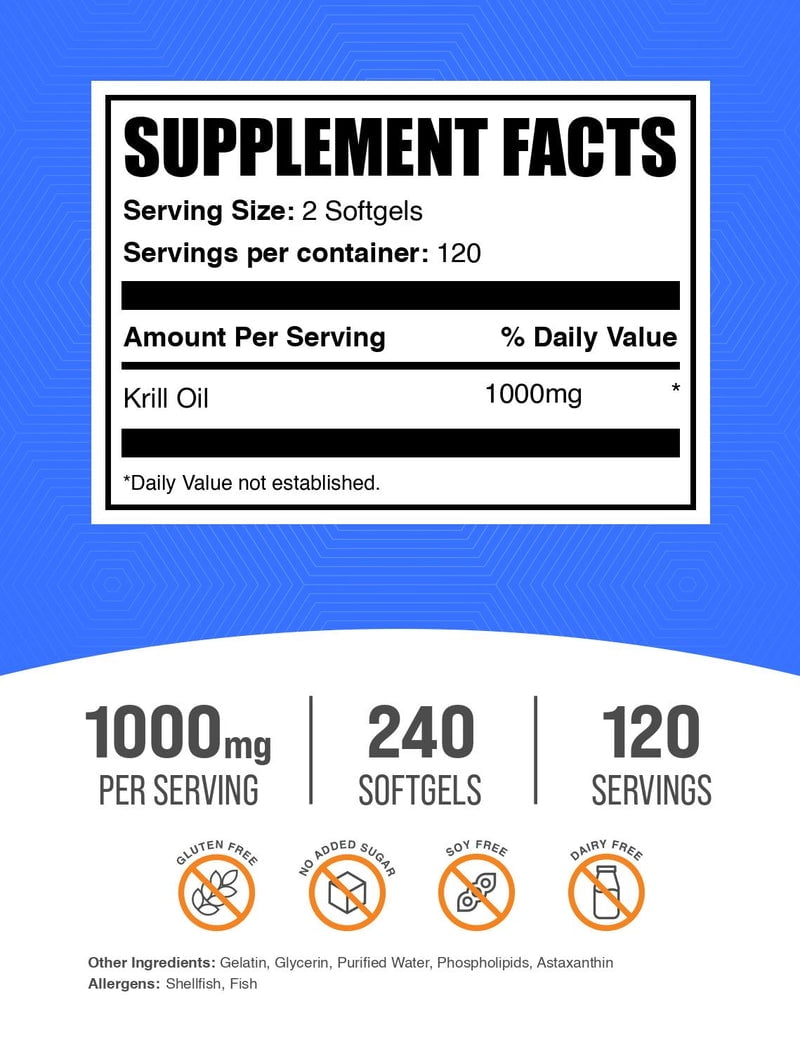 BulkSupplements Krill Oil Softgels - Gluten Free, 1000mg per Serving (240 Softgels - 120 Servings)
