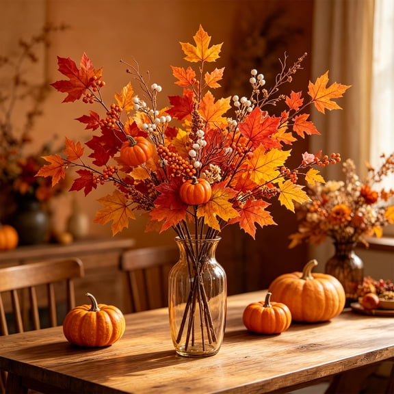 Fall Artificial Floral Arrangement with Maple Leaves and Pumpkins Thanksgiving Harvest Table Centerpiece Decor for Home Shelf Mantel Plastic Faux Flower Sprig for Vase Filler and Autumn