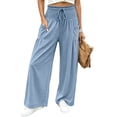 thumbnail image 2 of CQONEPT Smocked Waist Pants for Women Wide Leg Fall Casual Lounge Pant High Waisted Palazzo Ruffle Full Length Soft Trousers with Pocket Light Blue 2XL, 2 of 7