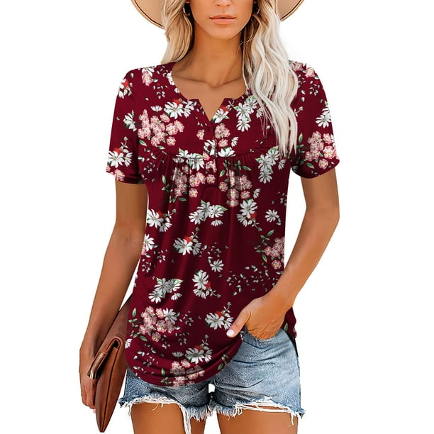 Traleubie Womens Plus Size Tunic Tops Short Sleeve Casual Floral Henley