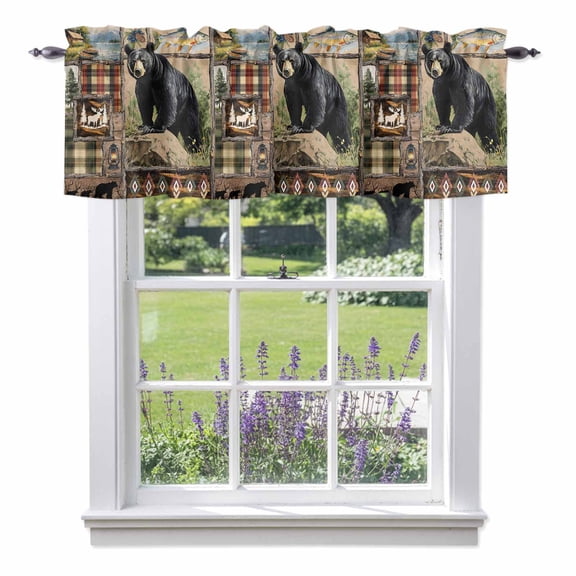 Vintage Black Bears Kitchen Curtain Valances for Windows Farmhouse Short Curtains, Abstract Country Plaid Fish Retro Rod Pocket Valance Curtain for Bedroom Cafe Living Room 60"x18"