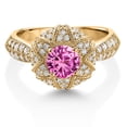thumbnail image 3 of 18K Yellow Gold Plated Silver Pink Created Sapphire and White Moissanite Engagement Ring for Women (1.39 Cttw, Center 6MM, Gemstone September Birthstone, Available in Size 5, 6, 7, 8, 9), 3 of 6