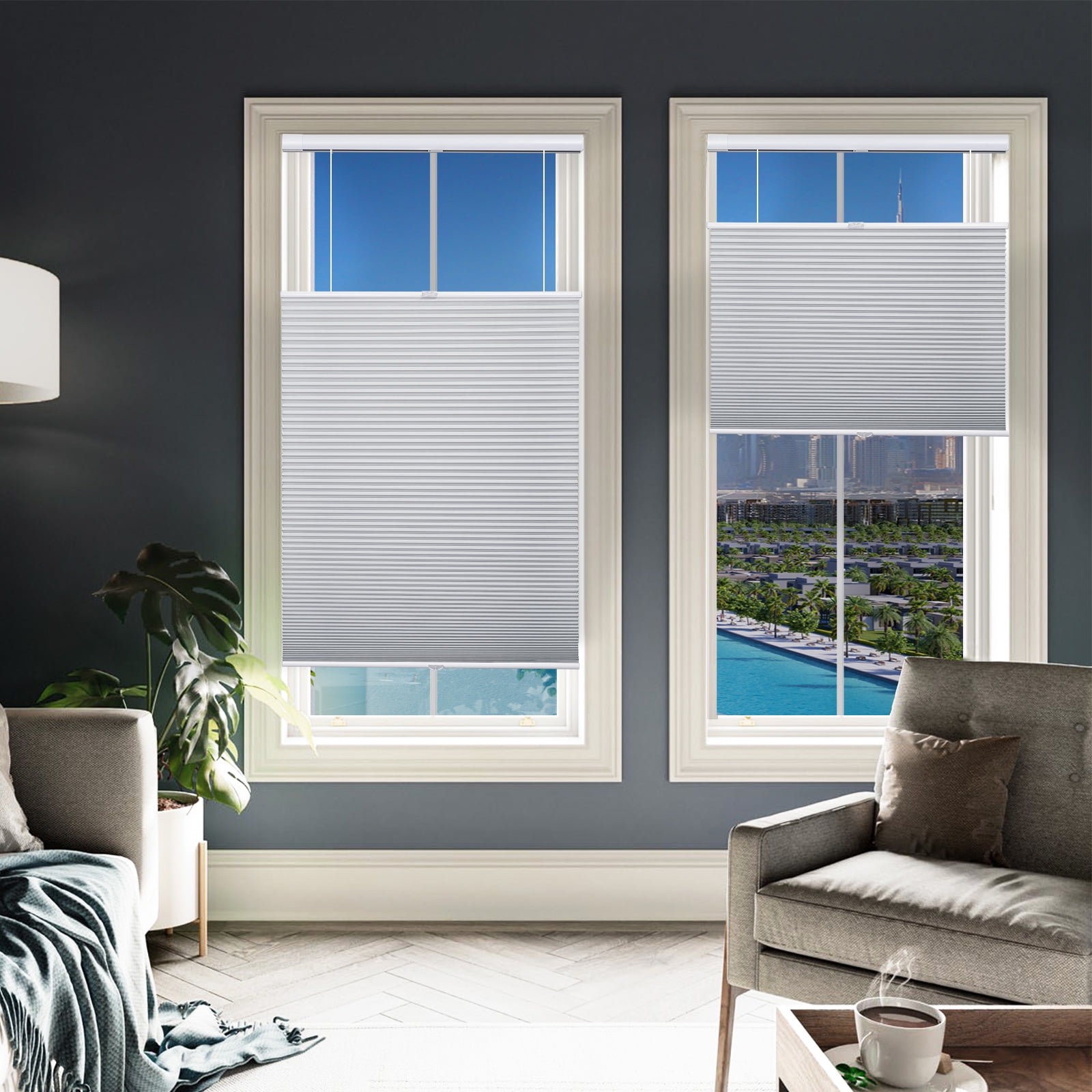 Keego No Drill Top Down Bottom Up Cellular Shades for Windows Blackout Cordless Blind Window Shades No Tool Honeycomb Blinds Shades for Home, Easy To Install, White, 49"W x 56"H