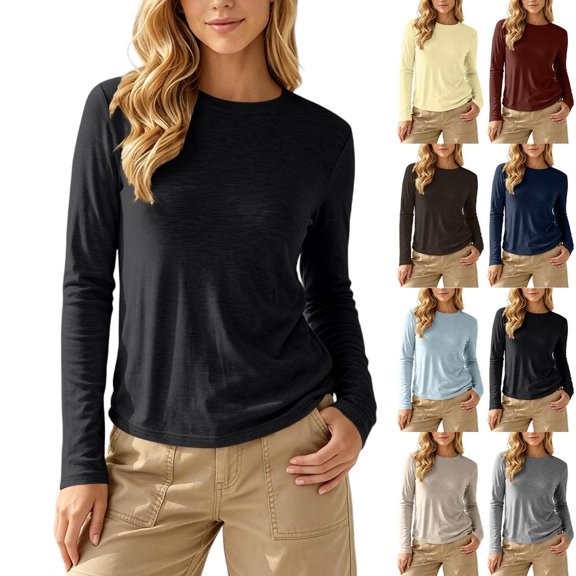 Tqcoqu Women's Solid Crew Neck Long Sleeve T-Shirt,Curved Hem Soft Stretch Basic Layering Top,Casual Daily Base Tee