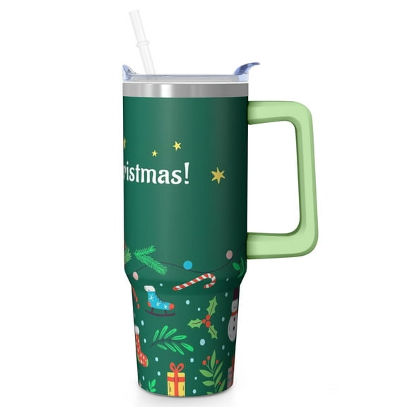 30oz Holiday Tumbler with Handle and Straw, Reindeer Stainless Steel Insulated Cup Gifts for Women Men
