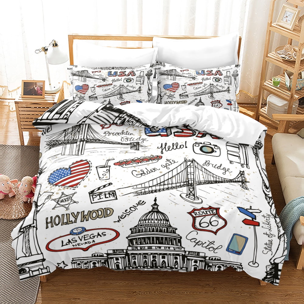 3D printing quilt cover of famous buildings 3pcs, USA Duvet Cover Set King  Size, Tall Buildings Urban Modern Life America Town Scene, Decorative 3  Piece Bedding Set with 2 Pillow Shams 