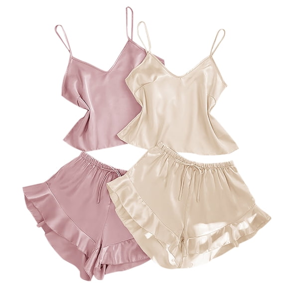qolati Silk Pajamas Sets for Women 2 Piece Spaghetti Straps Satin Sleeveless V Neck Tank Tops with Ruffled Shorts Sleepwear Two Piece Pjs Sets Casual Loungewear