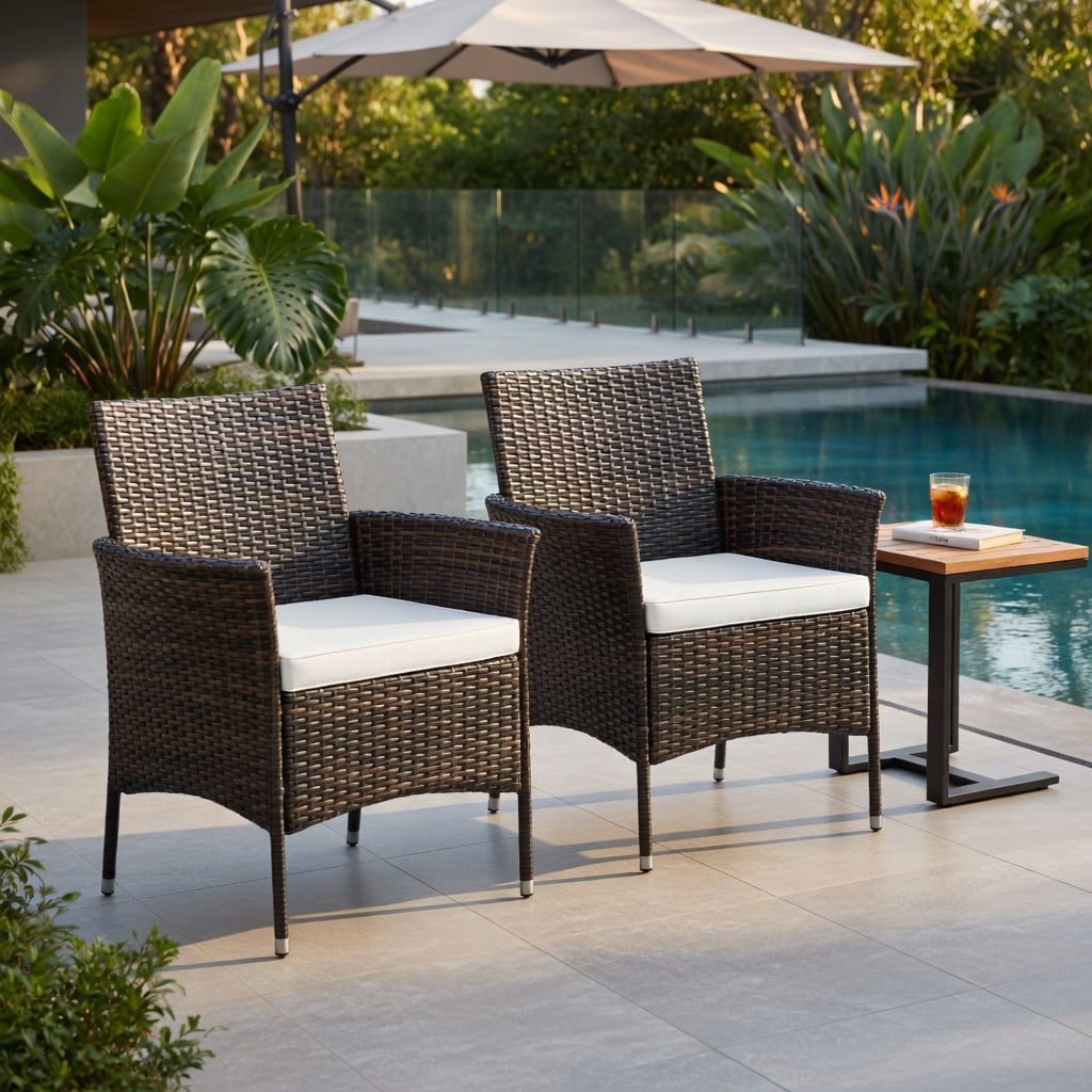 Hommoo 2-Pack Outdoor PE Rattan Armchairs with Removable Off-White Cushions, Weatherproof Steel Frame, Ergonomic Design for Patio, Backyard & Poolside, Brown