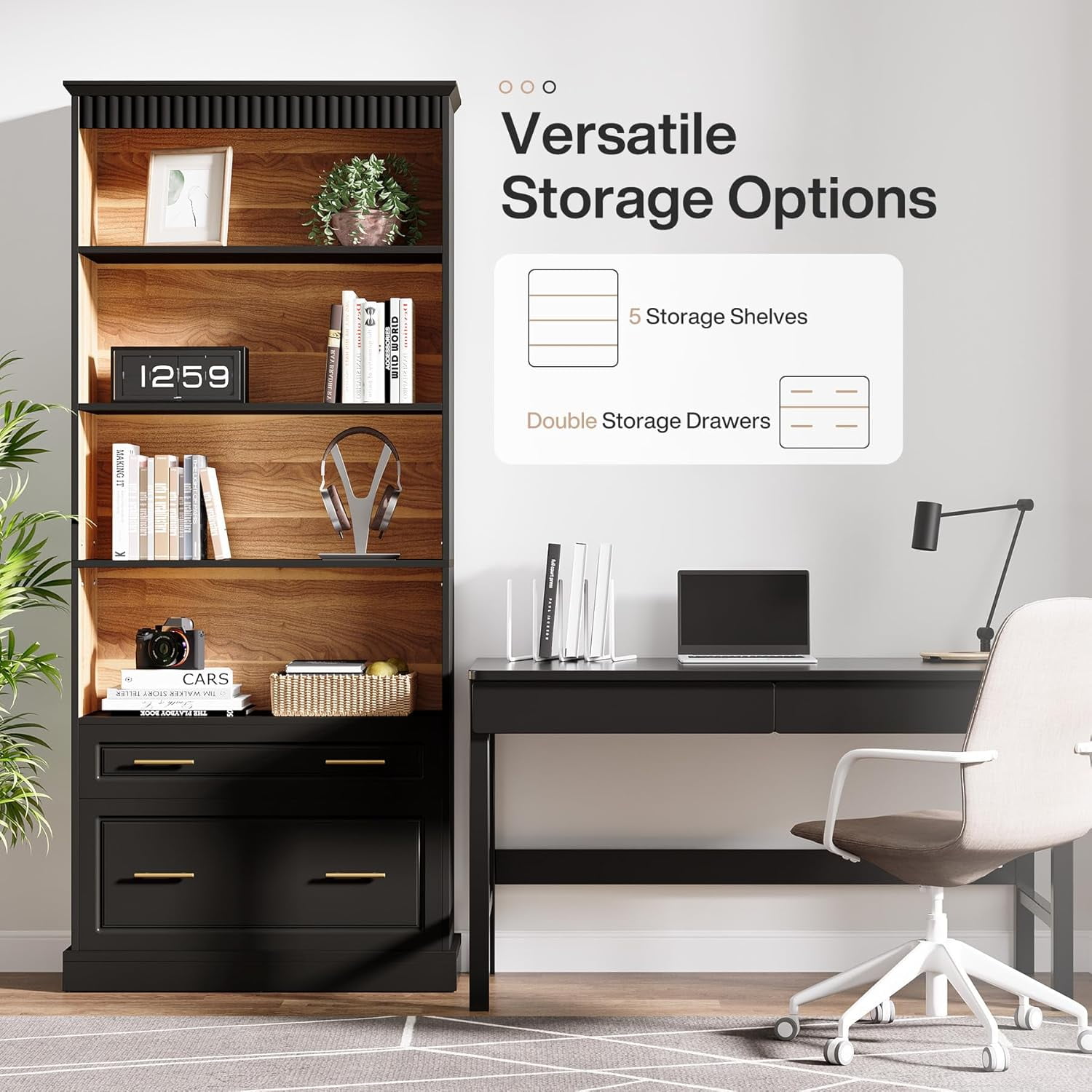 Tribesigns 5-Shelf Bookcase with File Cabinet Drawer, Modern Storage Shelf for Living Room, Black