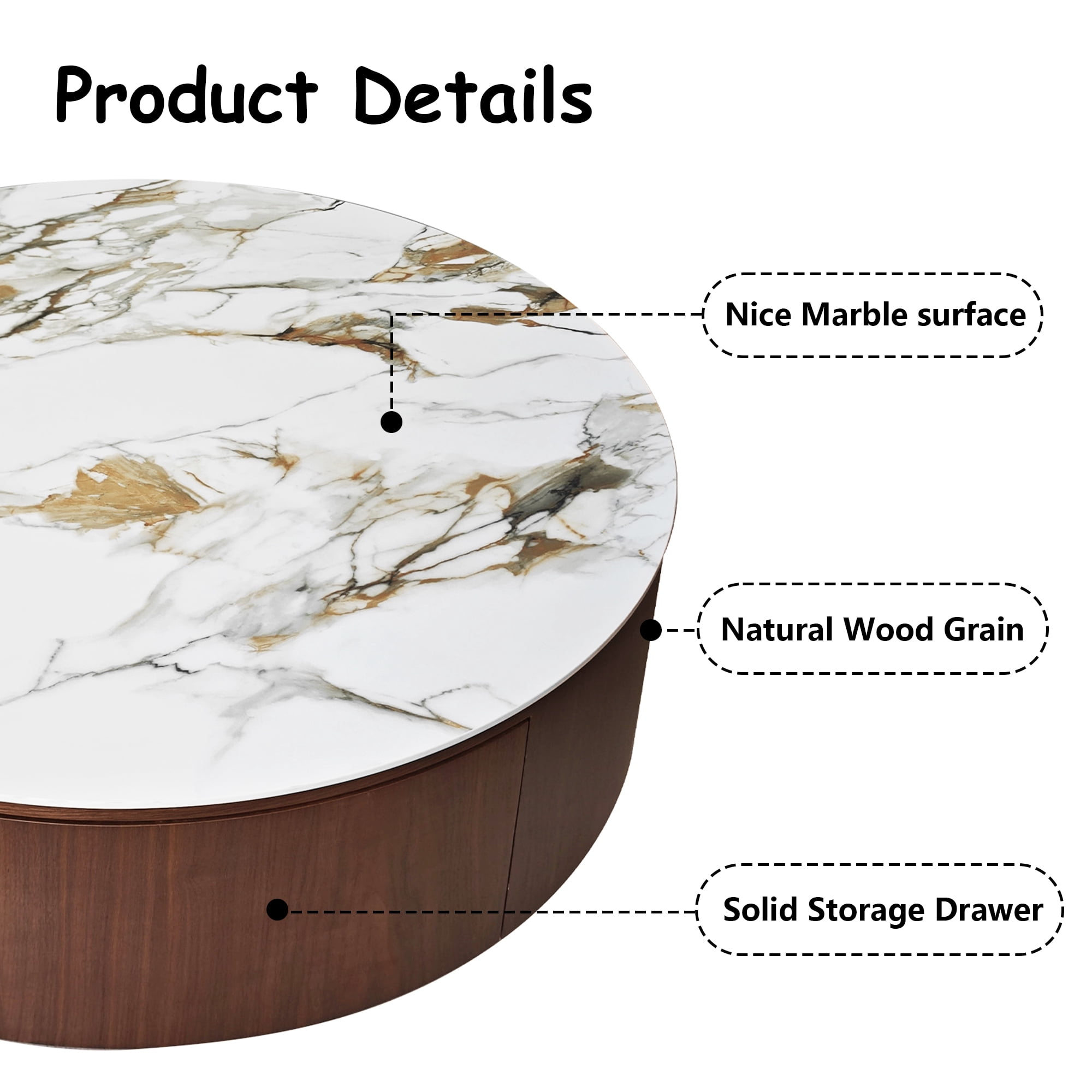 MDQMD 35" Round Faux Marble Coffee Table with 2 Silent-Close Drawers & Stainless Steel Legs - Modern Walnut Storage Center Table for Living Room, White Luxury Sturdy Design