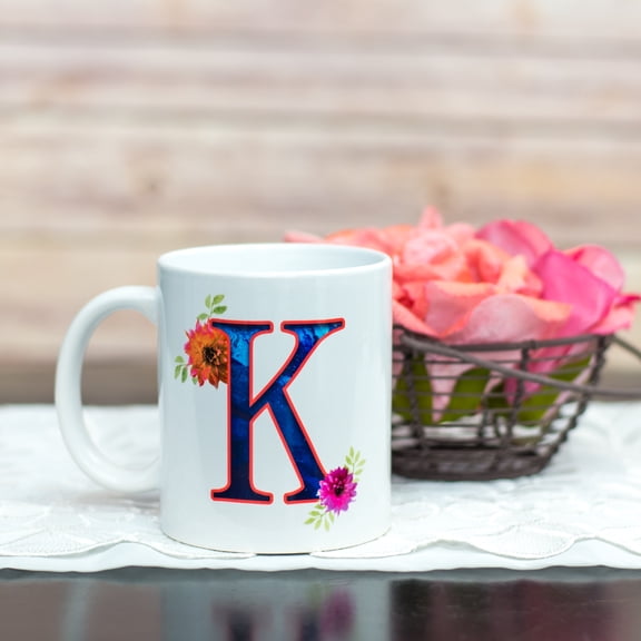 Dicksons Floral Monogram Letter K, 11 Ounce Ceramic Coffee Mug