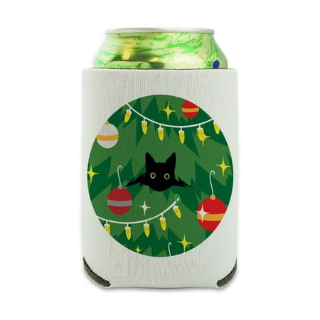 Black Cat Hiding in Christmas Tree Can Cooler - Drink Sleeve Hugger Collapsible Insulator - Beverage Insulated
