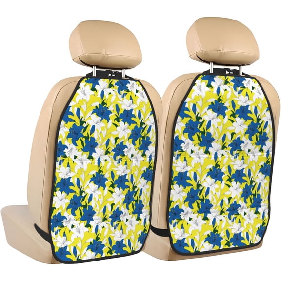 Fuzoiu Lilies Flowers Print 2 Pack Kick Mat Back Seat Protector With 3 Storage Pockets, Universal Car Seat Back Organizer For Kids Pets, Waterproof Backseat Protector For Most Car