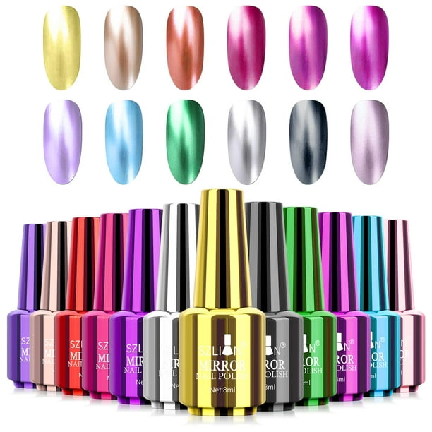 Ownest Juego de esmaltes de uñas de espejo de 12 colores, efecto espejo, larga duración, hermosa manicura brillante, decoración de uñas, efecto de manicura brillante, kit de lacas de uñas-12 piezas