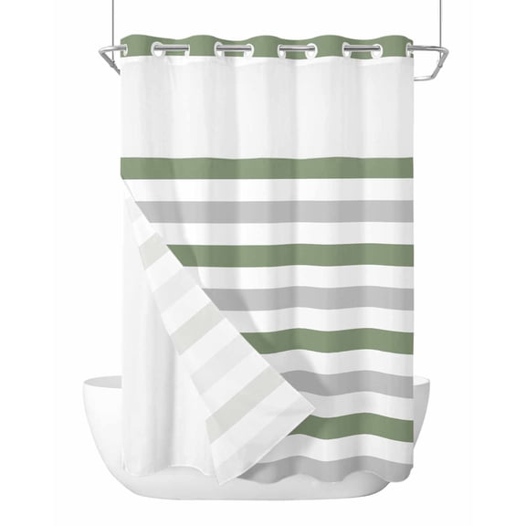 No Hook Cloth Fabric Shower Curtain with Snap in Liner, Sage Green Grey Stripe Waterproof Shower Curtains Set with See Through Top Window, Farmhouse Watercolor Modern Geometric Bath Curtains 48"x72"