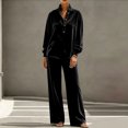 thumbnail image 6 of Szluipve Women Velvet 2 Piece Outfits Stand Collar Henley Button Long Sleeve Top & Elastic Waist Wide Leg Pants Casual Loungewear Matching Set Black S, 6 of 6