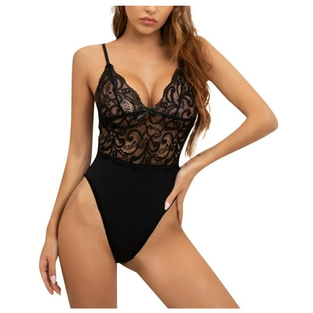 

YDKZYMD Women One Piece Sexy Lingerie Snap Crotch Sets V Neck Scalloped Trim Bodysuit Underwear Sheer Teddy Chemise With Floral Lace Babydoll Set