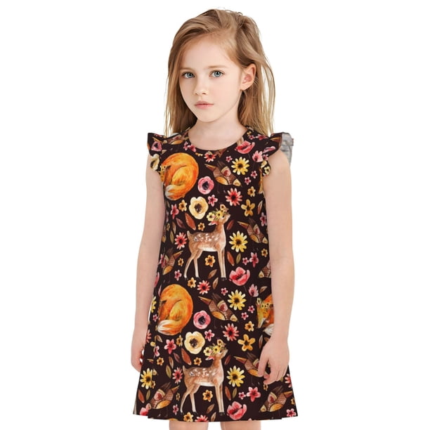 Fotbe Woodland Creatures Floral Vestido de Dormir para Niñas de 3 a 10 Años, Mangas Cortas, Estilo Princesa, Pijama Camisón con Mangas Voladas-X-Large