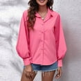 thumbnail image 5 of Women's Button down Shirts Collared Vneck Lantern Long Sleeve Tops Casual Solid Color Dressy Chiffon Blouse Tee, 5 of 7