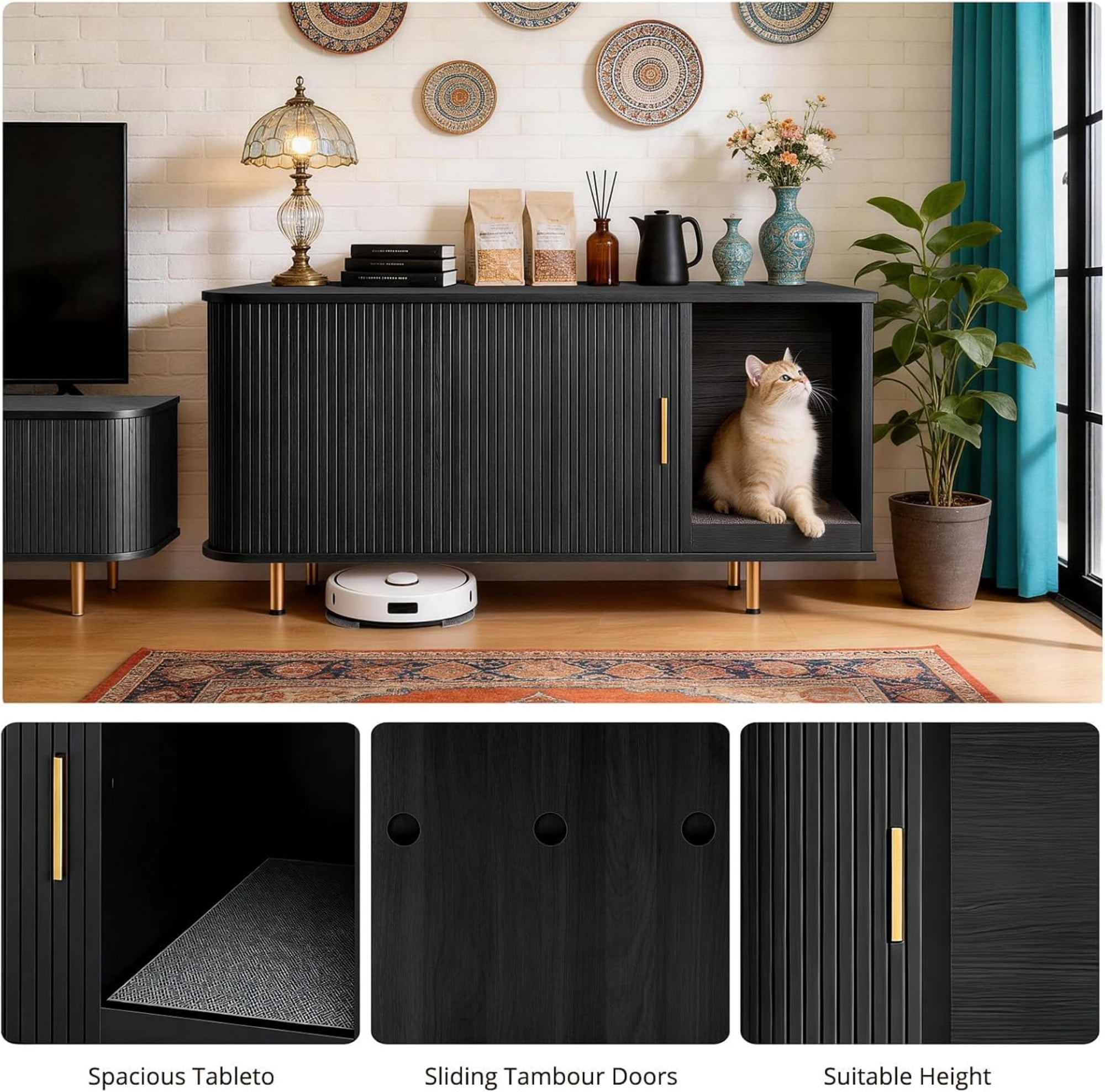 Cat Litter Box Enclosure Furniture with Sliding Door, Hidden Cat House Cabinet with Scratch Pad, Modern TV Stand Side Table, Black