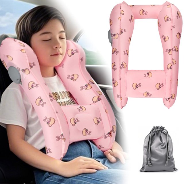 LEEYNEER Inflatable Travel Neck Pillow for Kids Fast Inflation Portable and Foldable Kids Travel Pillow Comfortable Travel Pillow for Airplane Car TrainFits Ages 6+ & Under 165 lbs