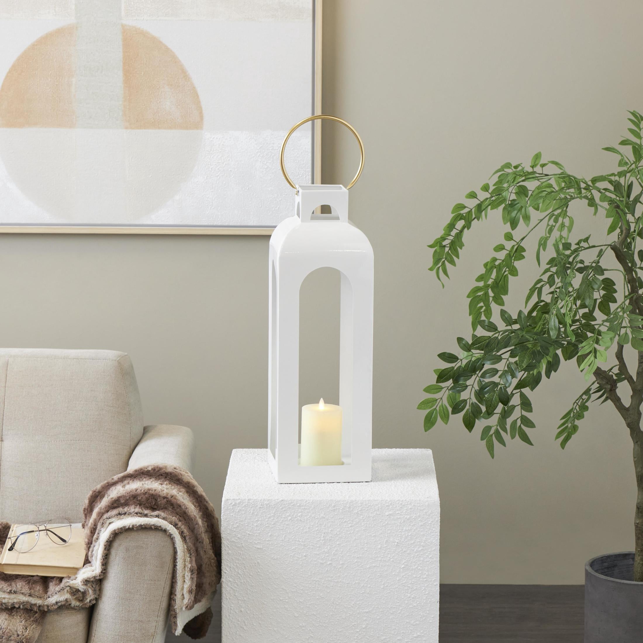 DecMode White Metal Tall Arched Cutout Candle Lantern with Gold Handle