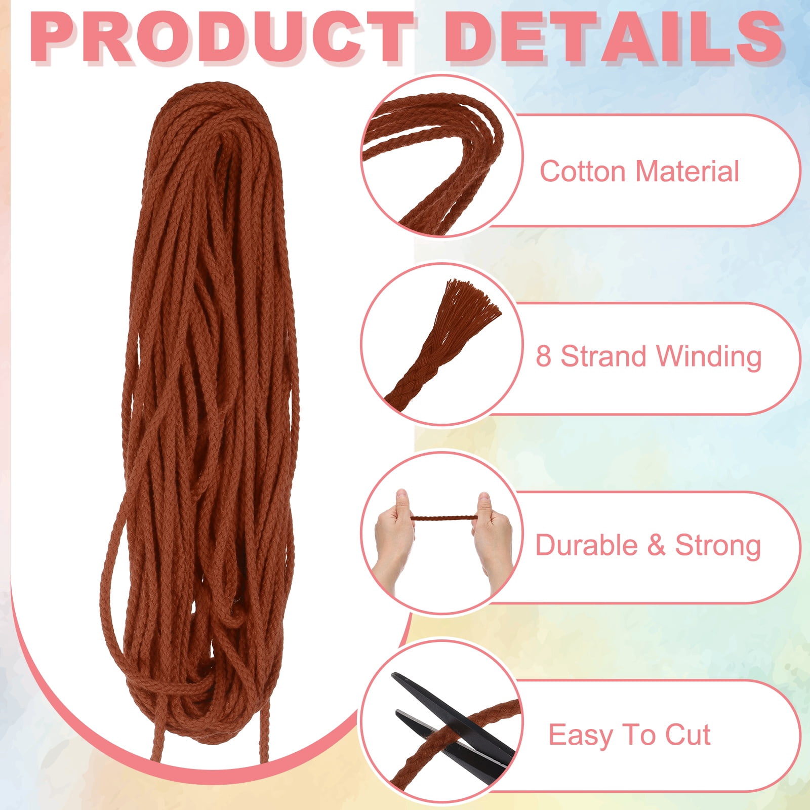 Braided Macrame Cord, 3/16" x 164ft 8 Strand Cotton Rope Braided String with Cord End Caps for Drawstring, Plant Hanger Wall Hanging, Dream Catcher Crafts, Red Brown