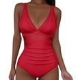 thumbnail image 2 of WREESH Womens One Piece Swimsuit Tummy Control V Neck Bathing Suit Fashion Matching Multi-Color Printed Swimsuit Tight Fitting and Gathering Swimsuit Red, 2 of 8