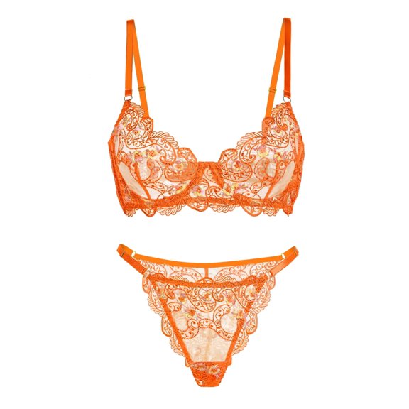 Orange Floral Embroidery Lingerie Set (ORANGE, S)