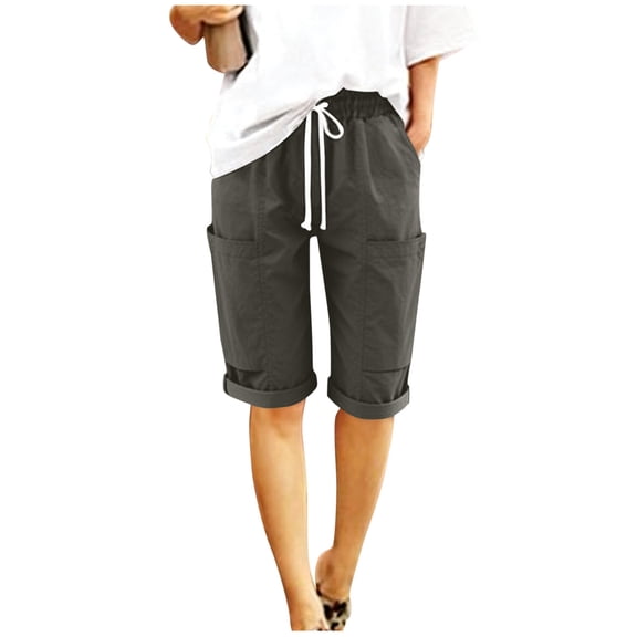 REALiKUN Women's Bermuda Shorts, Drawstring Elastic Waist Knee-Length Shorts with Pockets for Beach & Summer Casual