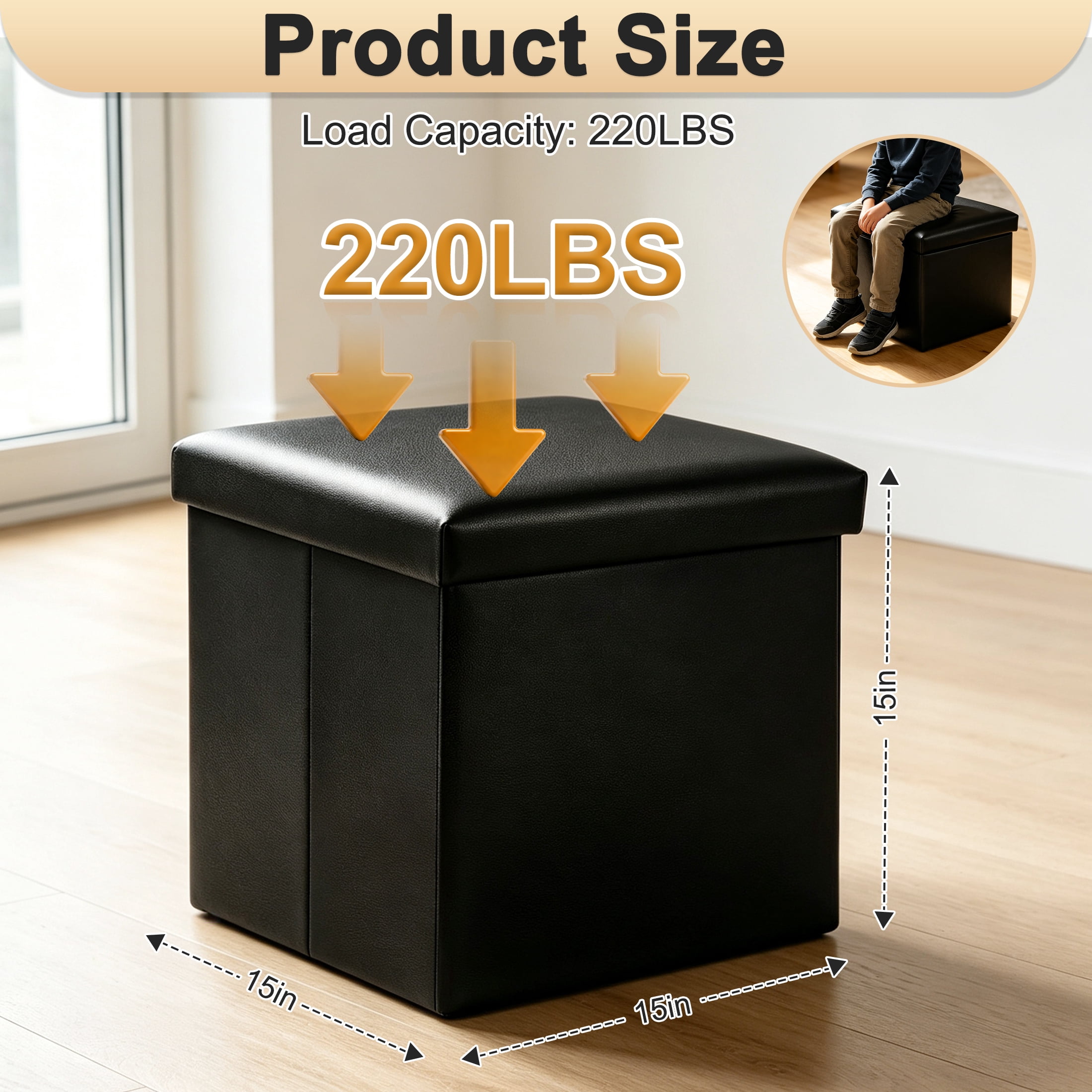 Small Folding Storage Ottoman Bench, Square Leather Footstool Bench with Storage, Foot Rest Stool for Living Room, Bedroom, Dorm, Load up to 220 lb, 15x15x15in