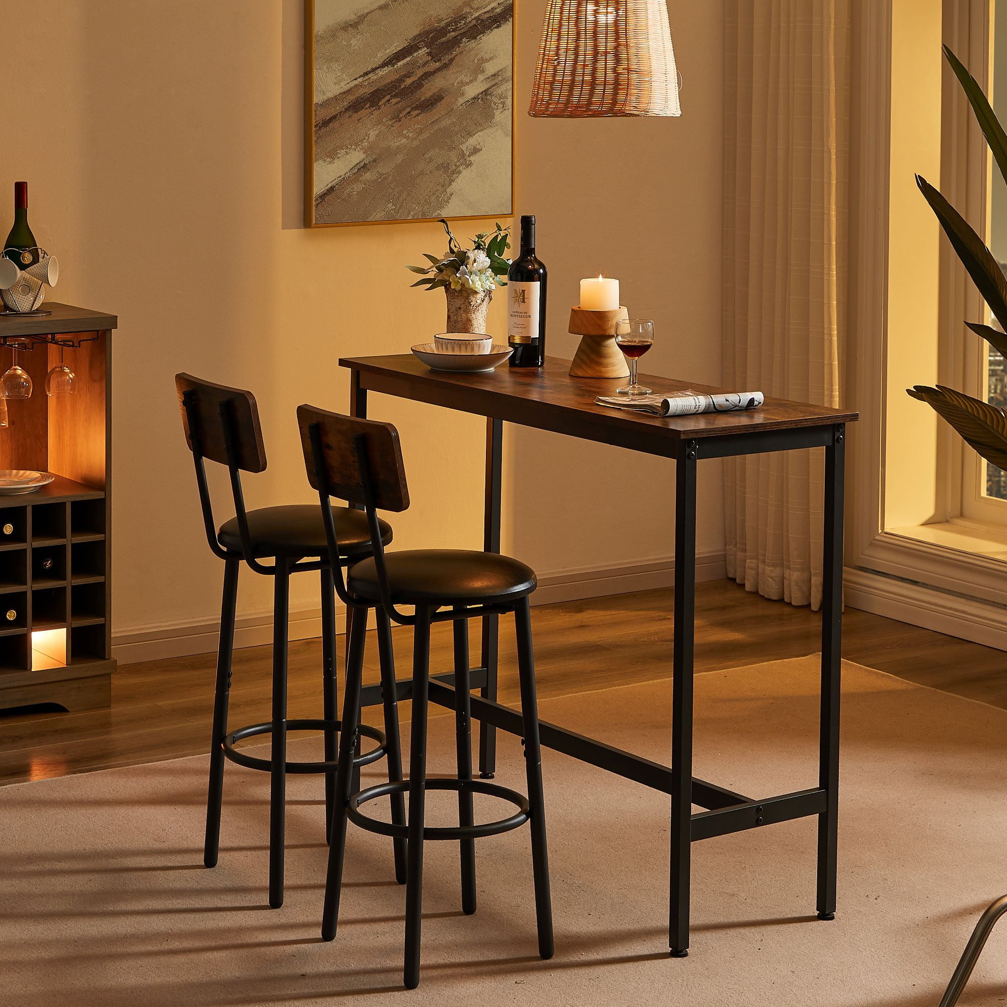 AUKFA 3-Piece Bar Table Set, Pub Dining Table & PU Upholstered Stools with Backrest for Kitchen Small Space, Rustic Brown