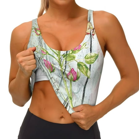 Qokaie Vintage Wood Background with Floral Pattern Womens Scoop Neck Sports Bra Breathable Workout Vest Padded U Back Medium Impact Fitness Gym Yoga Bra Workout Crop Top