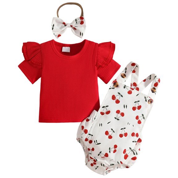 Tigivemen Newborn Baby Girl Clothes Bodysuit Romper and Flutter Sleeve Tops with Headbands Infant Summer Spring Outfits Red,12-18 Months