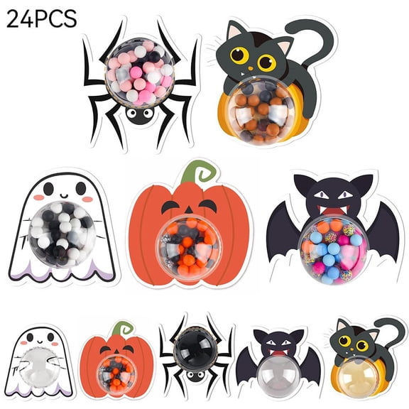 Halloween Treat Holders for Kids, 24 Pack DIY Goody Bags with Clear Plastic Domes & Cartoon Cards, Spooky Party Favor Craft Kit Classroom Exchange