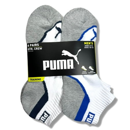 PUMA SOCKS MEN'S - QUARTER CUT - WAVE 253 - WHITE BLUE - LARGE (10-13) PACK 6 XX