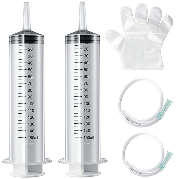 2 Pack 150ml Large Syringes With 2 Tubes And 100Pcs Disposable Plastic Gloves, Extra Large Reusable Plastic Syringe For Glue Dispensing, Scientific Labs, Watering, Refilling, Feeding, Measuring