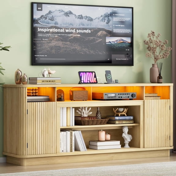 ANPOO 71" Fluted TV Stand for 75/80" TVs with LED Light and Power Outlet, Modern Entertainment Center with 2 Storage Cabinets & 6 Open Shelves, Wooden Media Console TV Stand for Living Room,Natural