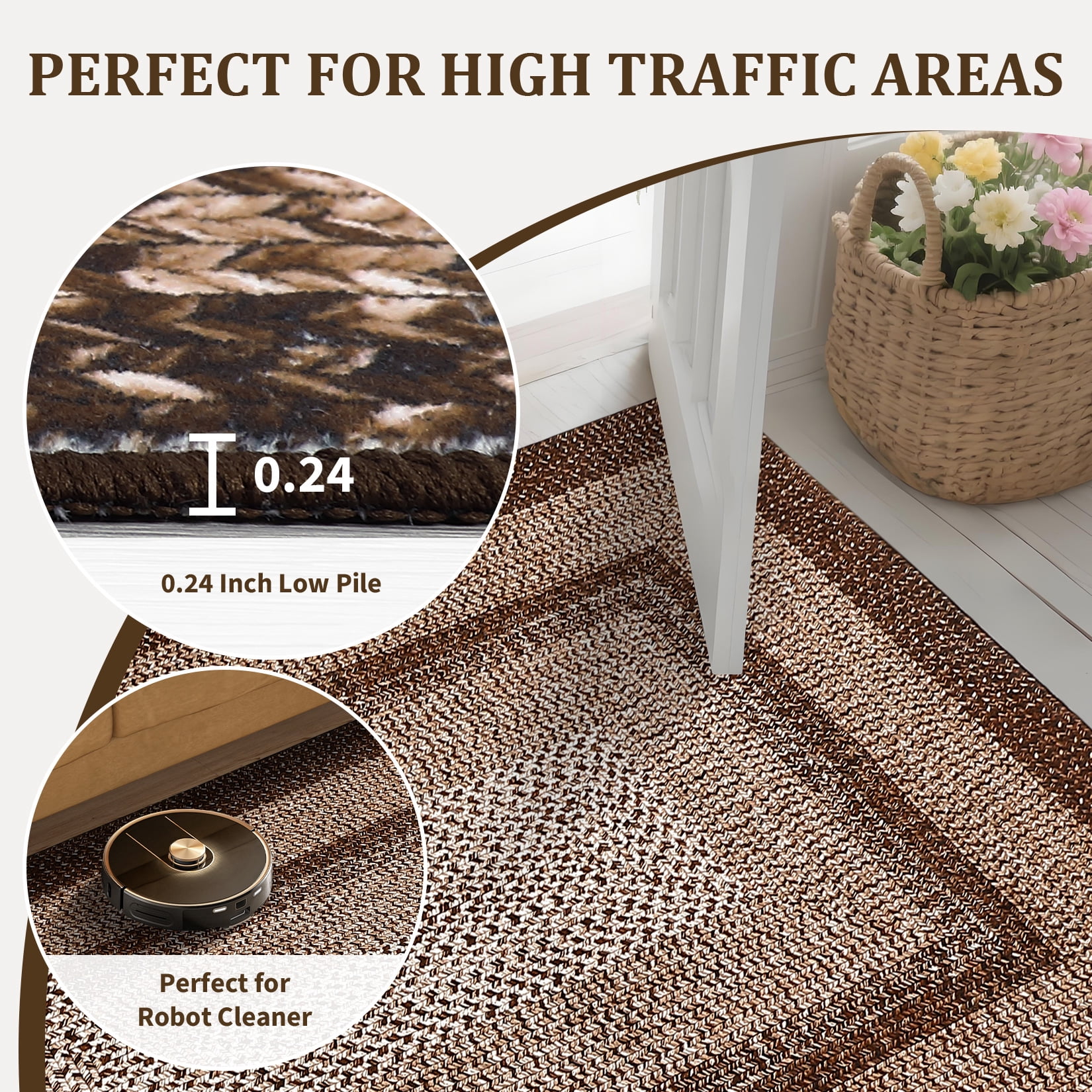 GlowSol 8'x10' Area Rug Washable Modern Braided Print Rugs for Living Room Bedroom Non Slip Low Pile Floor Carpet, Brown