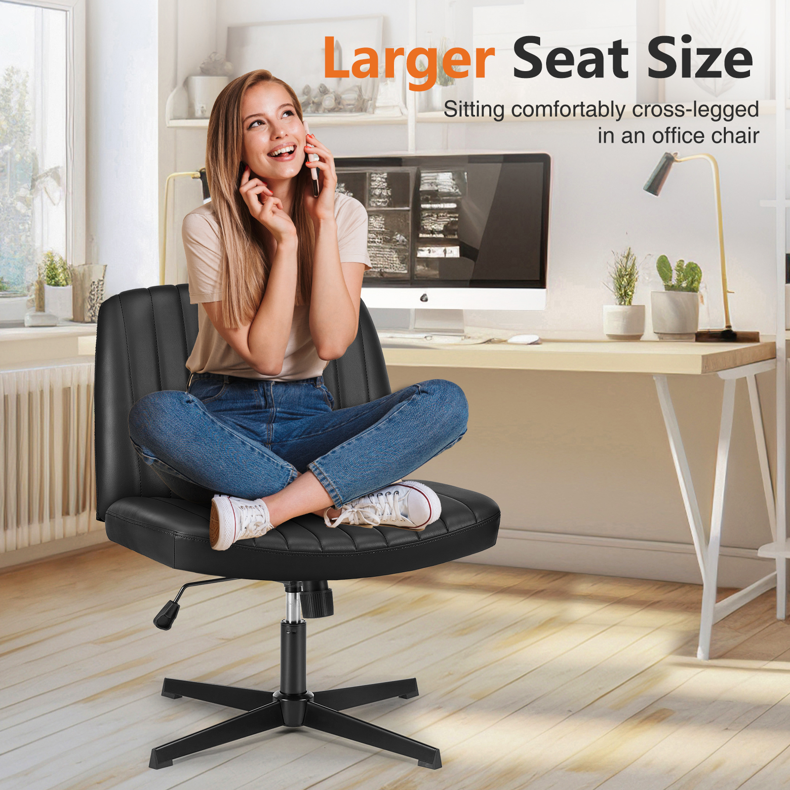 MCQ  Criss Cross Chair Legged Office Wide Comfy Desk Leather Seat, Armless Computer  Seating, Height Adjustable, for Family Bedroom, Black