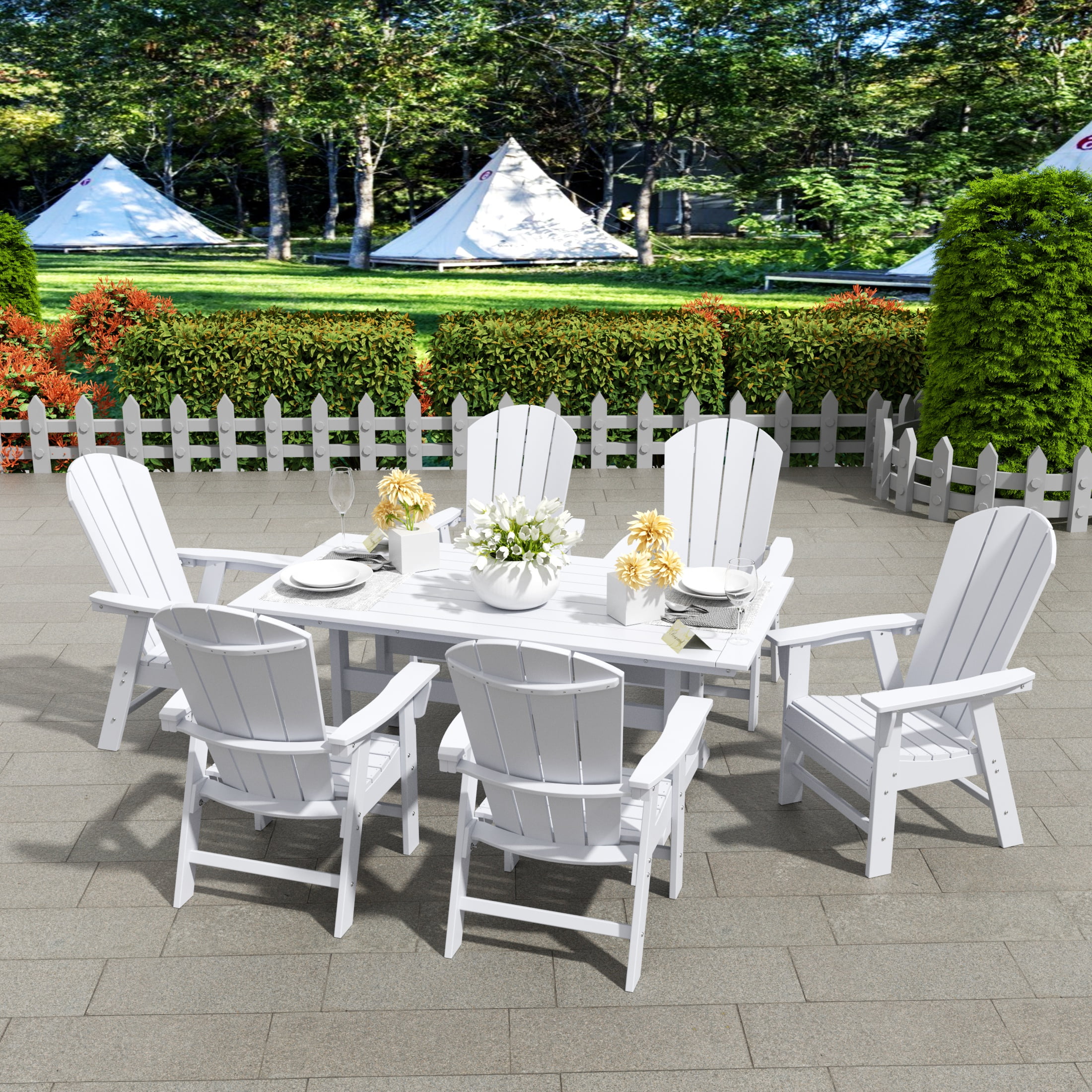 WestinTrends Malibu 7 Piece Adirondack Outdoor Dining Set, All Weather Poly Lumber Patio Table and Chairs Furniture Set, 71" Trestle Dining Table and 6 Adirondack Dining Chair, White