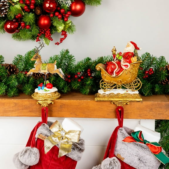 Santa and Reindeer Glittered Christmas Stocking Holders - 9.5" - Gold - Set of 2