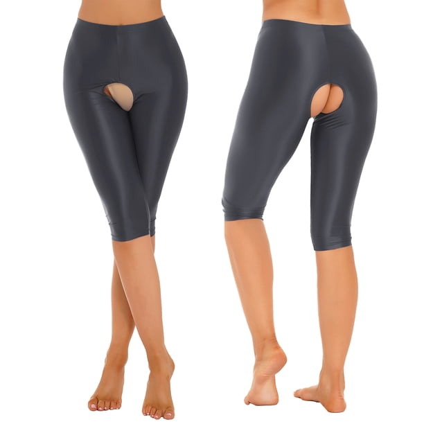 Women Sexy Glossy Crotchless Shorts Rave Party Nightclub Hot Pants Stretchy Smooth Elastic Waistband Leggings Nightwear ClubwearL Gong Bohan LED