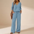 thumbnail image 5 of Lekode Womens Linen Set Boho Summer Pajamas Beach Vacation Outfits V Neck Blouses V Neck Two Piece Sets for Women Solid Blouses Tops Roll-up Sleeve Top Linen Pants Set Gauze Capri Set Blue L, 5 of 7