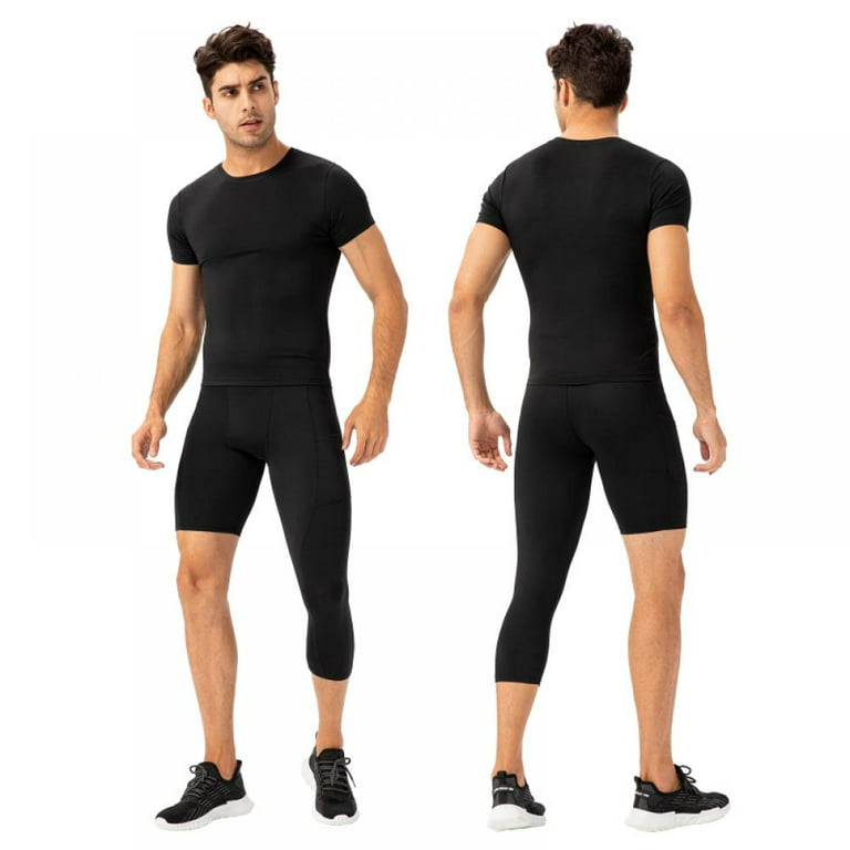 Men's Tight One-leg Gym Pants Pocket Long Short Foot Basketball Training  Leggings Quick Drying Seven Points Sweatpants 