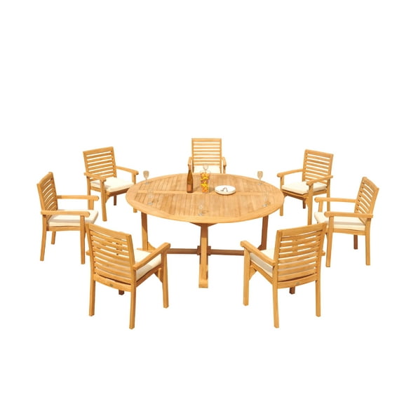 Grade-A Teak Dining Set: 7 Seater 8 Pc: 72" Round Table And 7 Hari Stacking Arm Chairs Outdoor Patio WholesaleTeak #51HR1708
