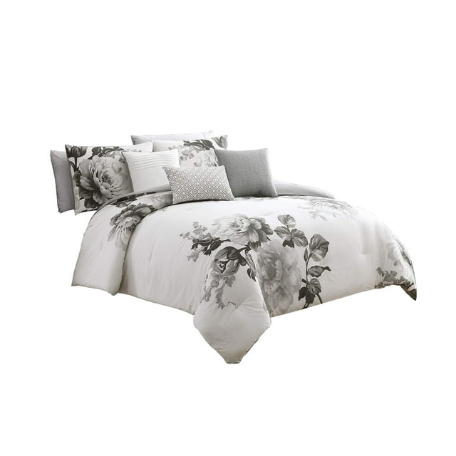 Juego de ropa de cama Benzara King, edredón de algodón, estampado floral, gris