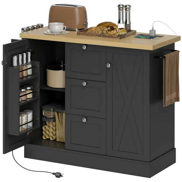 HOMCOM Kitchen Island with Power Outlet Soft-Close Doors Kitchen Cart Black