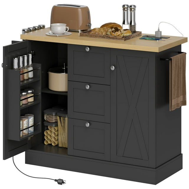HOMCOM Kitchen Island with Power Outlet Soft-Close Doors Kitchen Cart Black