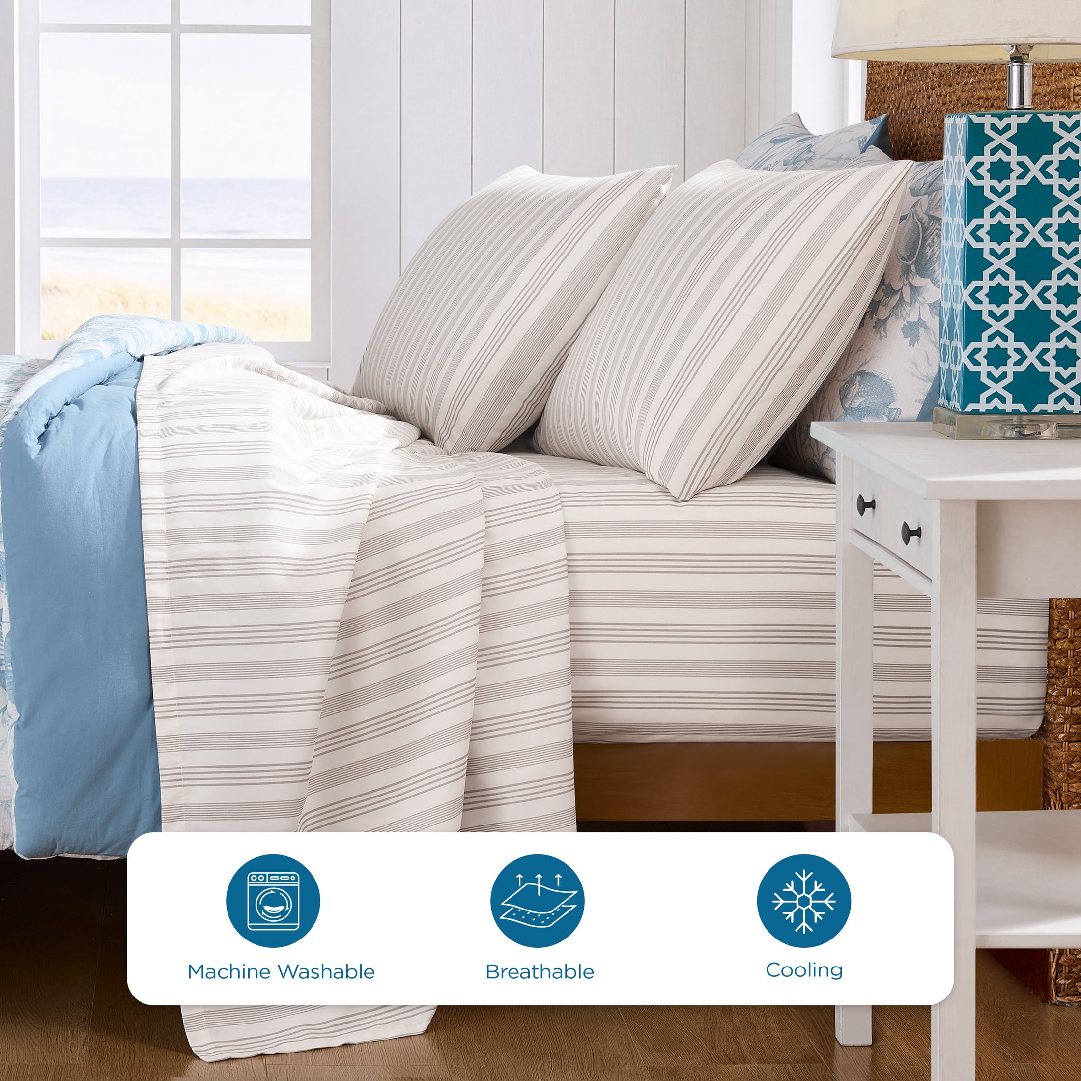 Coastal Living 4-Piece Grey Stripes Soft Brushed Microfiber Luxury Cooling Sheet Set, Queen